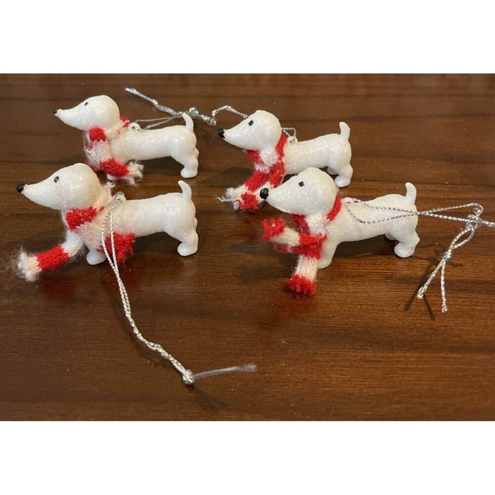 Dachshund Dog Ornaments Glitter White Red Scarves Mini Christmas Set Of 4 NEW
